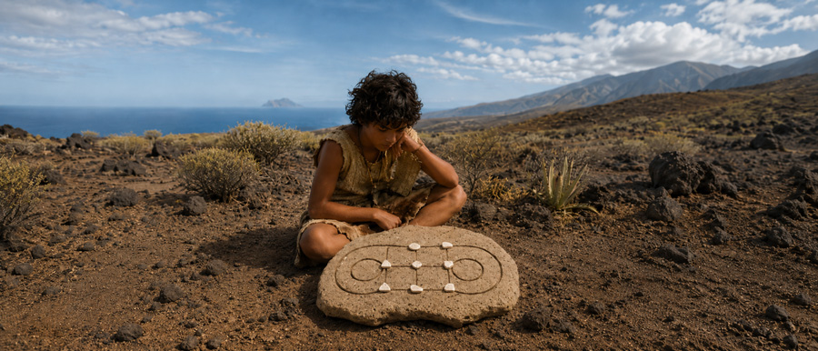 Representación del Rompecabezas Canario sobre tablero de piedra