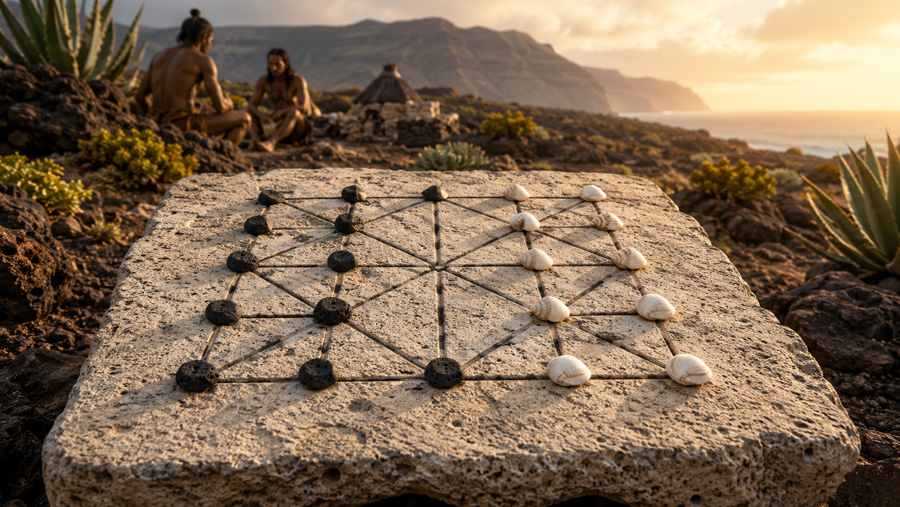 Representación de la Dama Canaria sobre tablero tradicional de piedra