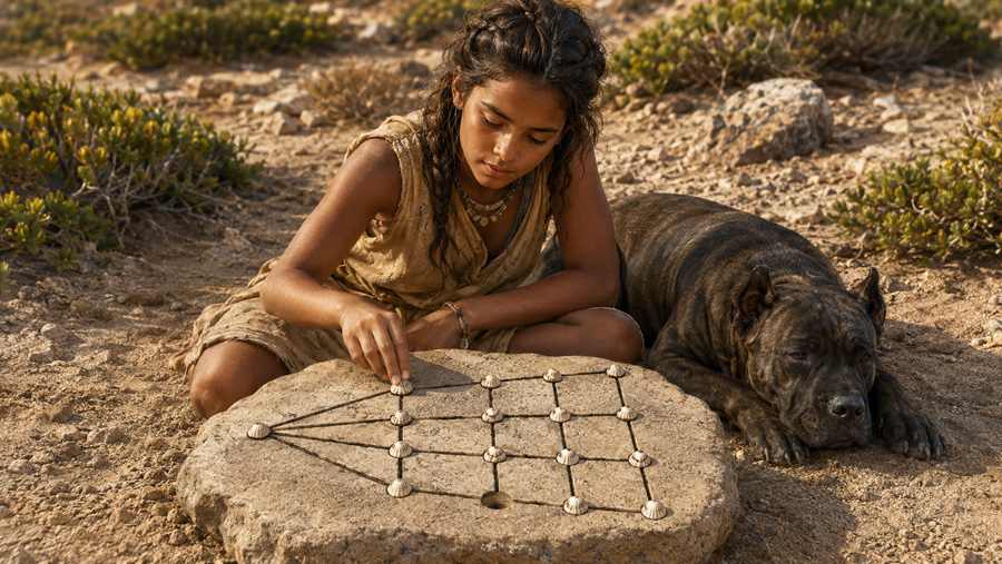 Representación de La Pirámide sobre tablero de piedra